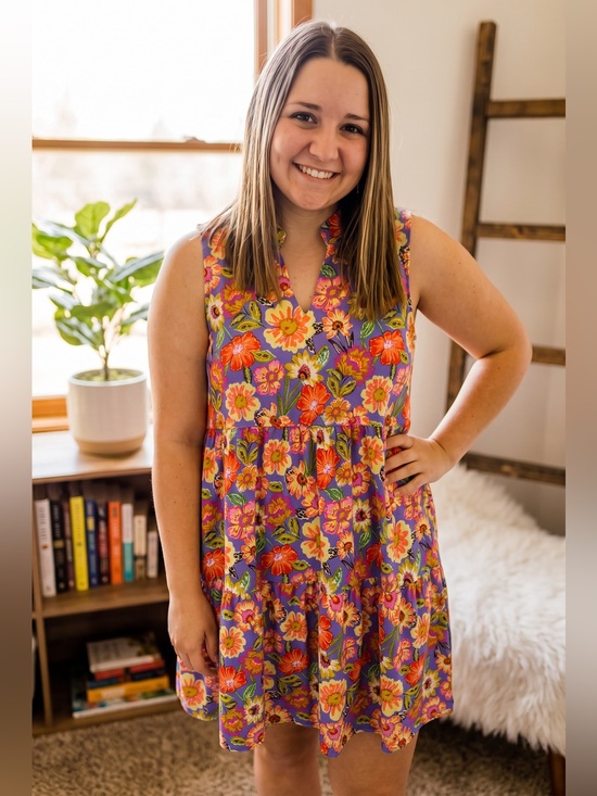 Dear Scarlett Dresses & Skirts - Dear Scarlett Sleeveless Floral Tiered Mini Dress - Purple Multi